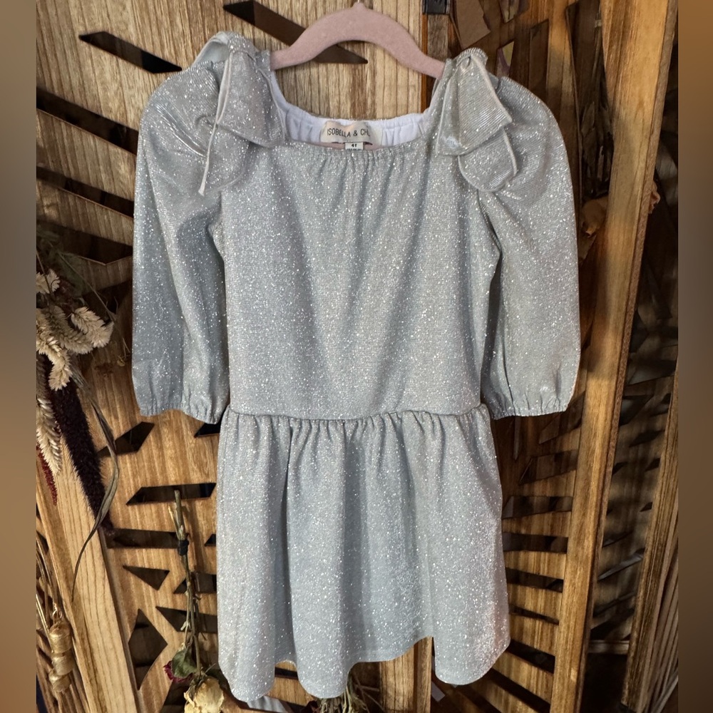 Isobella & Chloe Glittery Silver Sparkle Long Puff Sleeves with Bows Dress